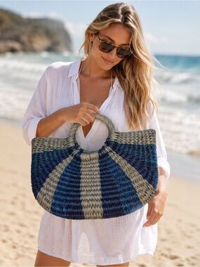 Woven Straw Round Handle Tote Blue Natural Coastal Beach Resort Vacation‎ Bag